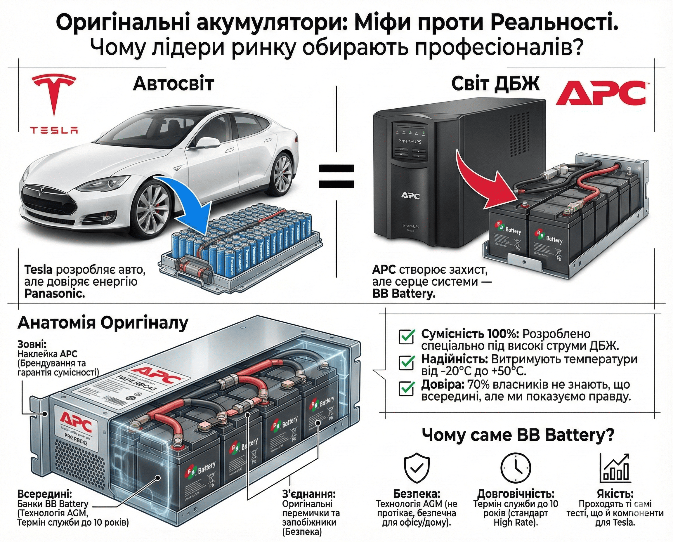 Інфографіка-порівняння: електрокар Tesla на елементах Panasonic проти ДБЖ APC на акумуляторах BB Battery. Демонстрація розрізу батарейного блоку RBC.