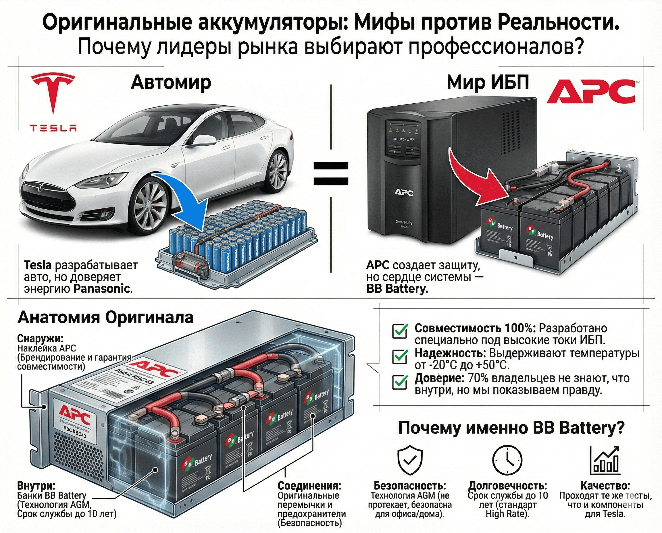Инфографика-сравнение: Электрокар Tesla на элементах Panasonic против ИБП APC на аккумуляторах BB Battery. Демонстрация разреза батарейного блока RBC.