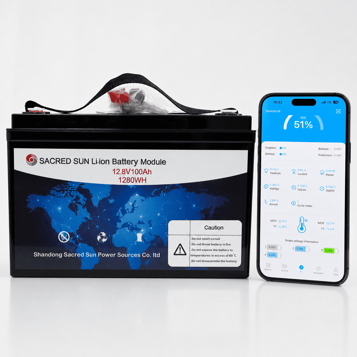 Аккумулятор LiFePO4 Sacred Sun SCIFP12100 12.8V 100Ah и мониторинг Bluetooth BMS на смартфоне